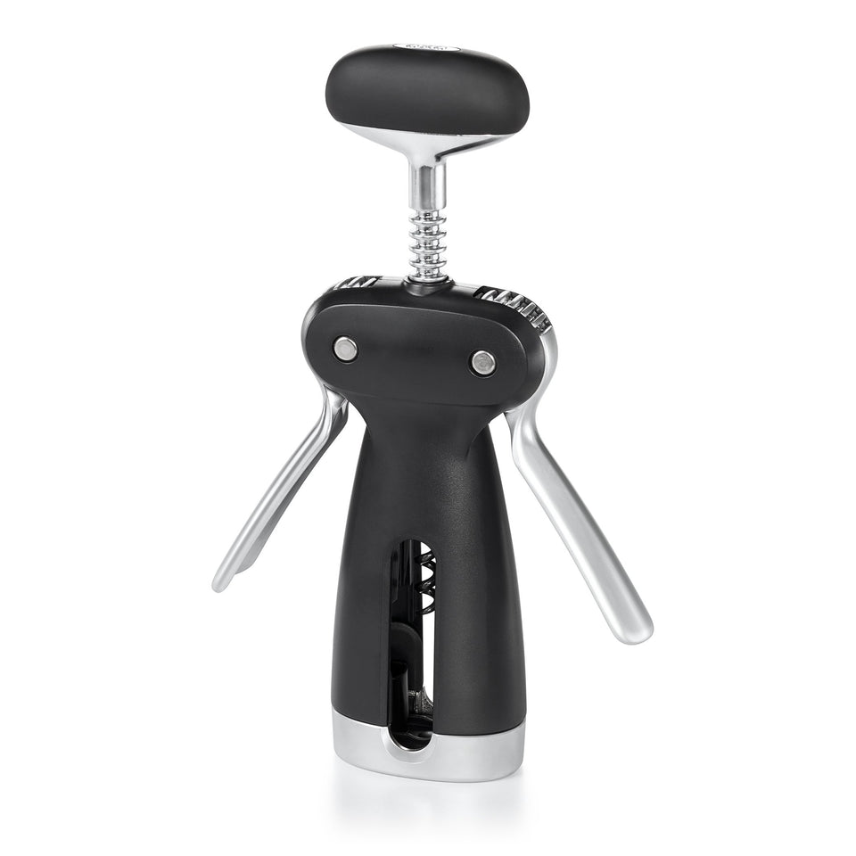 OXO SteeL Winged Corkscrew removing a cork smoothly.