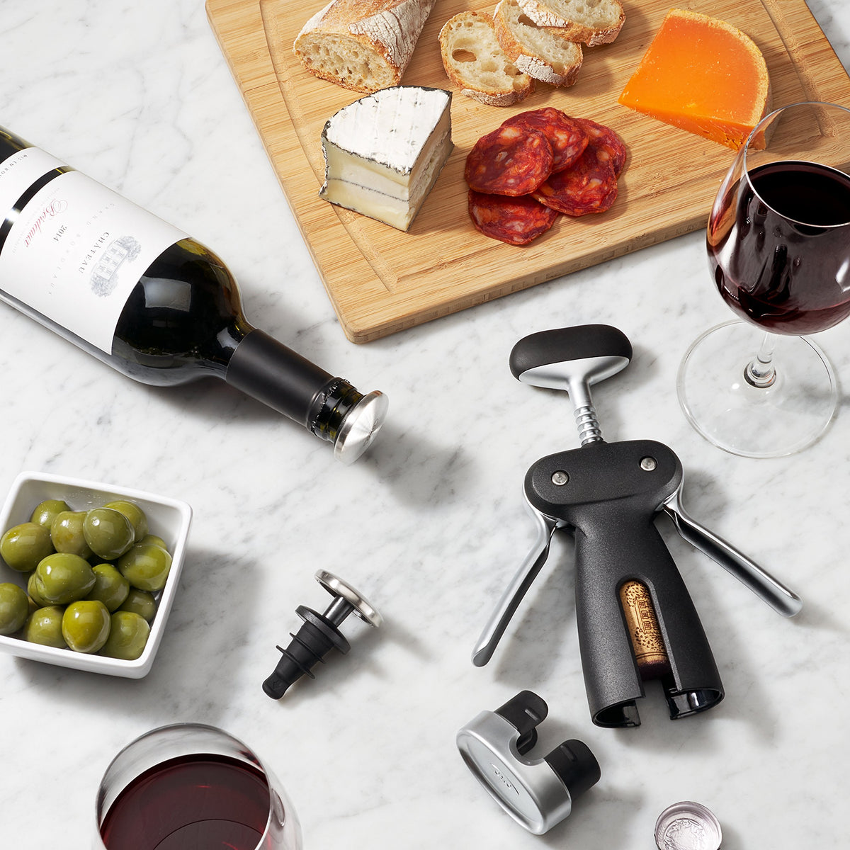Foil cutter snaps into base for tidy storage on the OXO Corkscrew.
