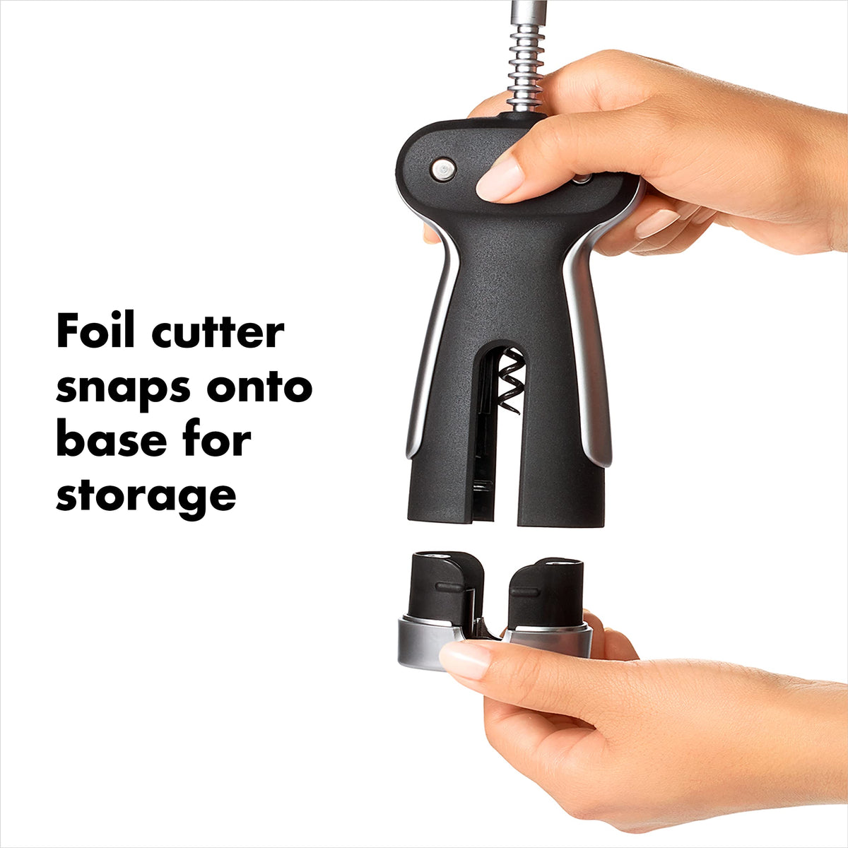 Extended body and ergonomic handles on the OXO SteeL Corkscrew.