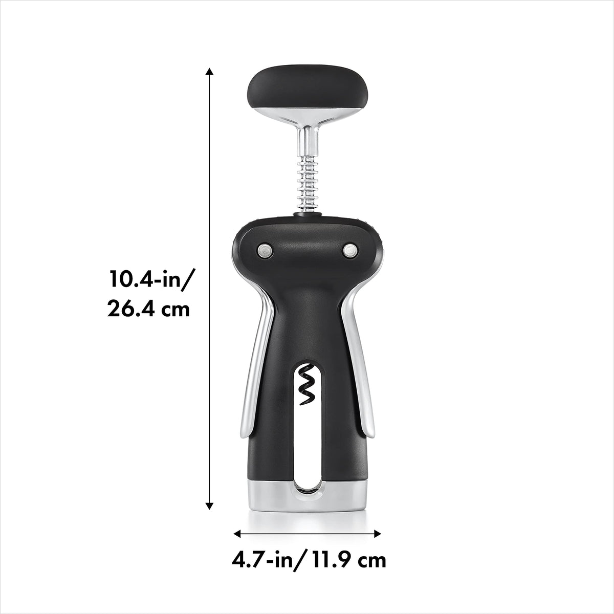 OXO SteeL Winged Corkscrew with removable foil cutter stored in base.