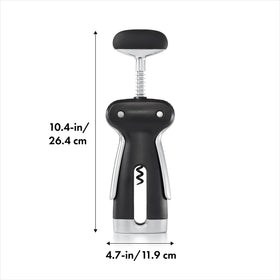 OXO SteeL Winged Corkscrew with removable foil cutter stored in base.