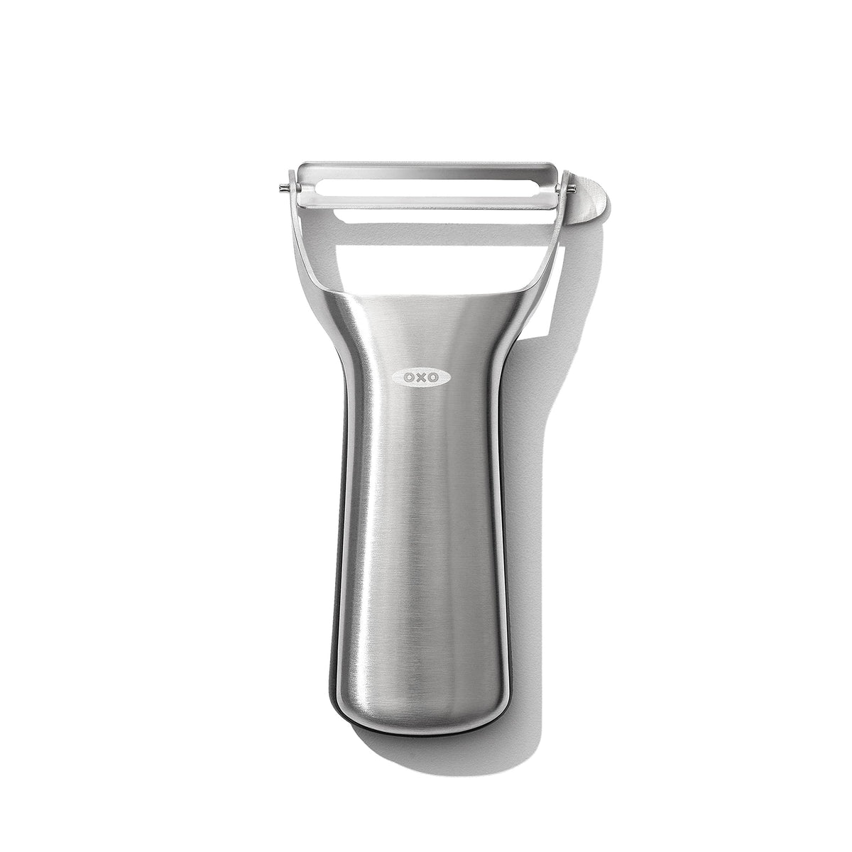 OXO Steel Y-Peeler blade closeup highlighting sharp, efficient peeling