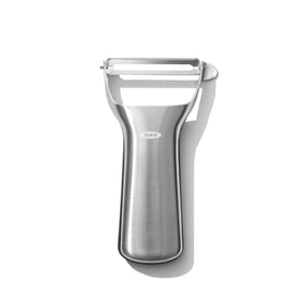 OXO Steel Y-Peeler blade closeup highlighting sharp, efficient peeling