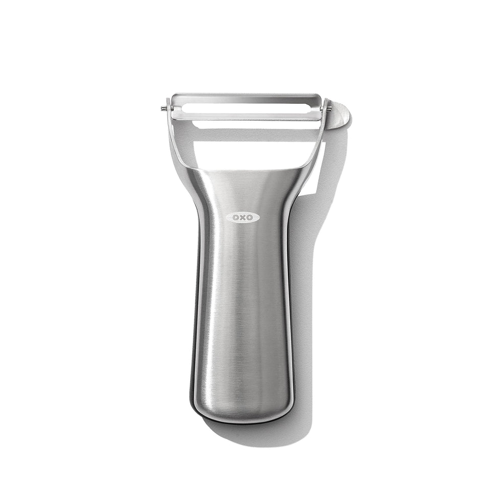 OXO Steel Y-Peeler blade closeup highlighting sharp, efficient peeling