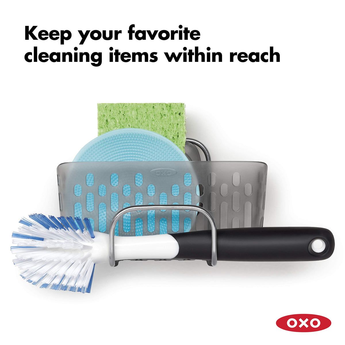 OXO Good Grips StrongHold removable holder lifts away for extra space during bulky dishwashing.