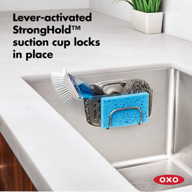 OXO Good Grips StrongHold stainless steel hook provides easy access to cleaning tools.