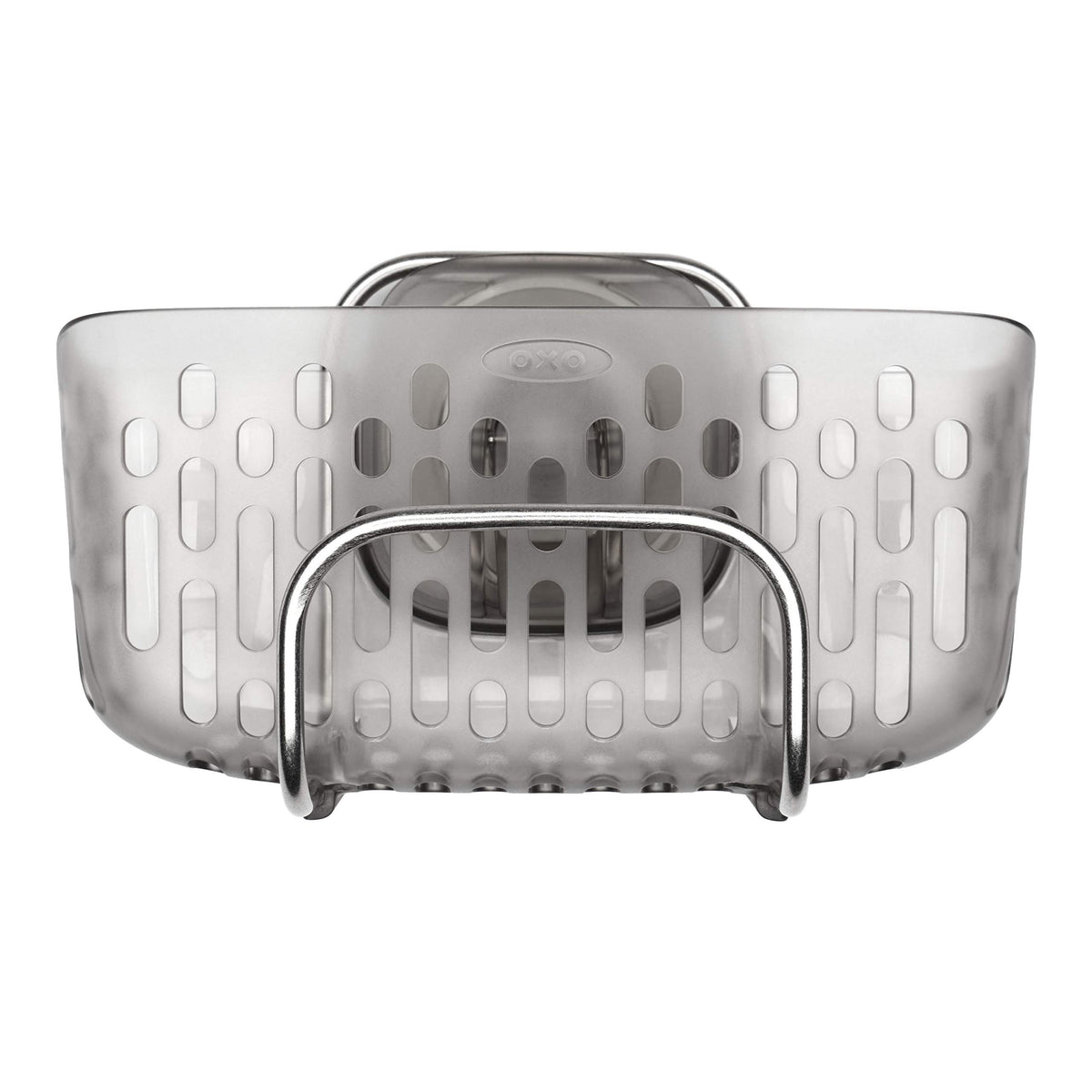 OXO Good Grips StrongHold suction sink caddy keeps sponges and brushes within reach.
