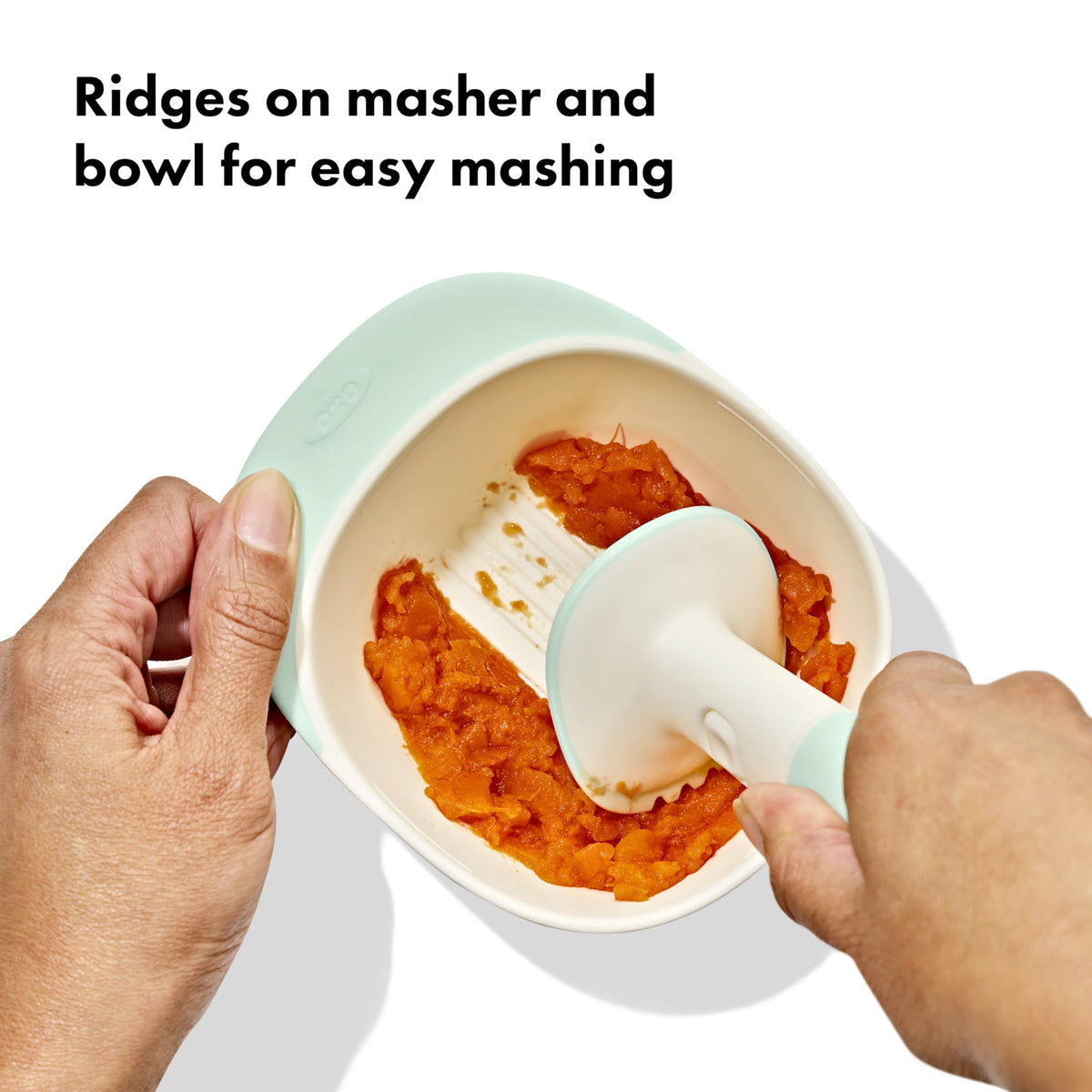 Ridges on the Masher and bowl help create quick, smooth purées
