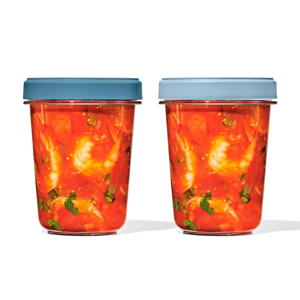 OXO Twist & Stack 32oz container with lids demonstrating space-saving design for organized fridge storage