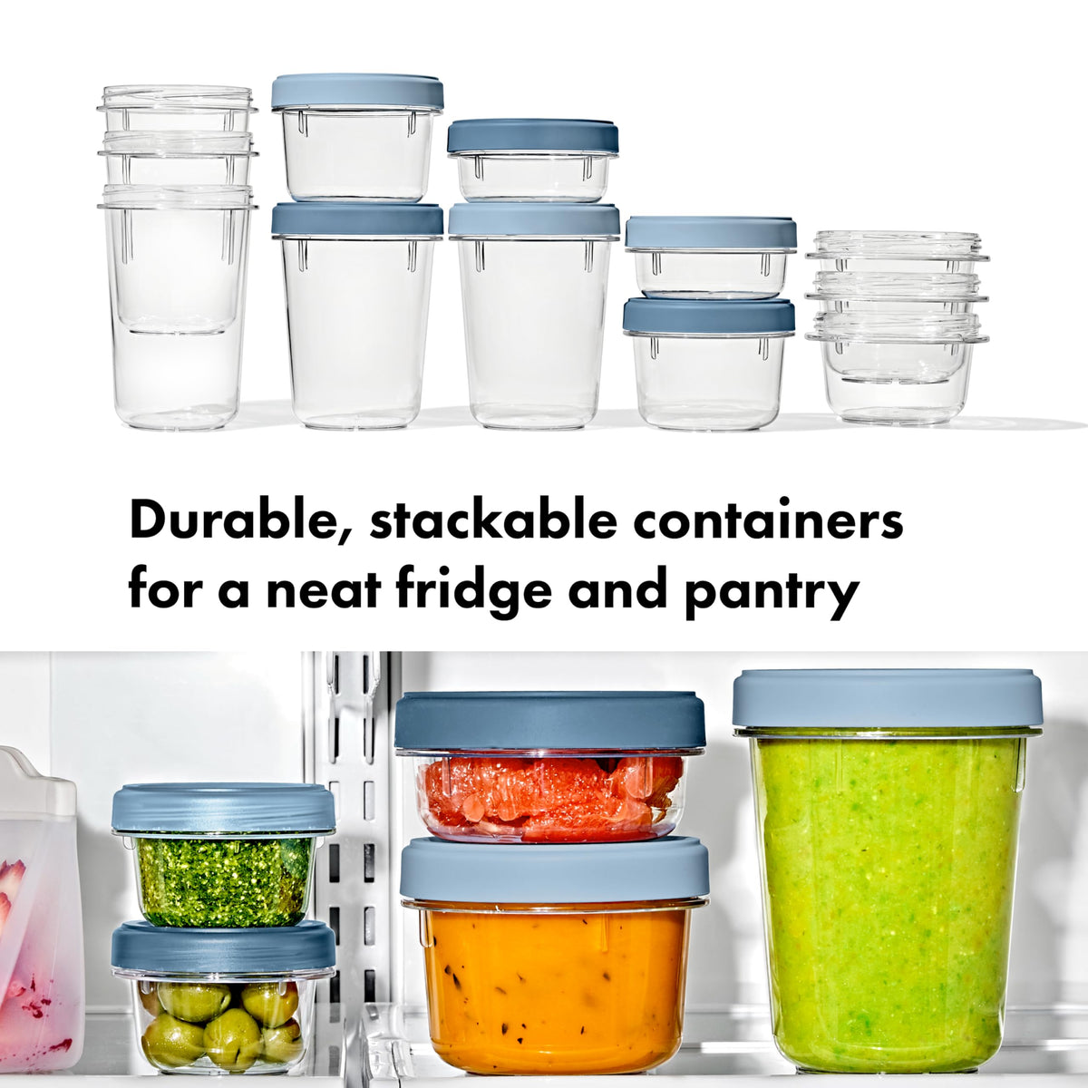 OXO Twist & Stack 32oz container in a neat, space-saving arrangement.