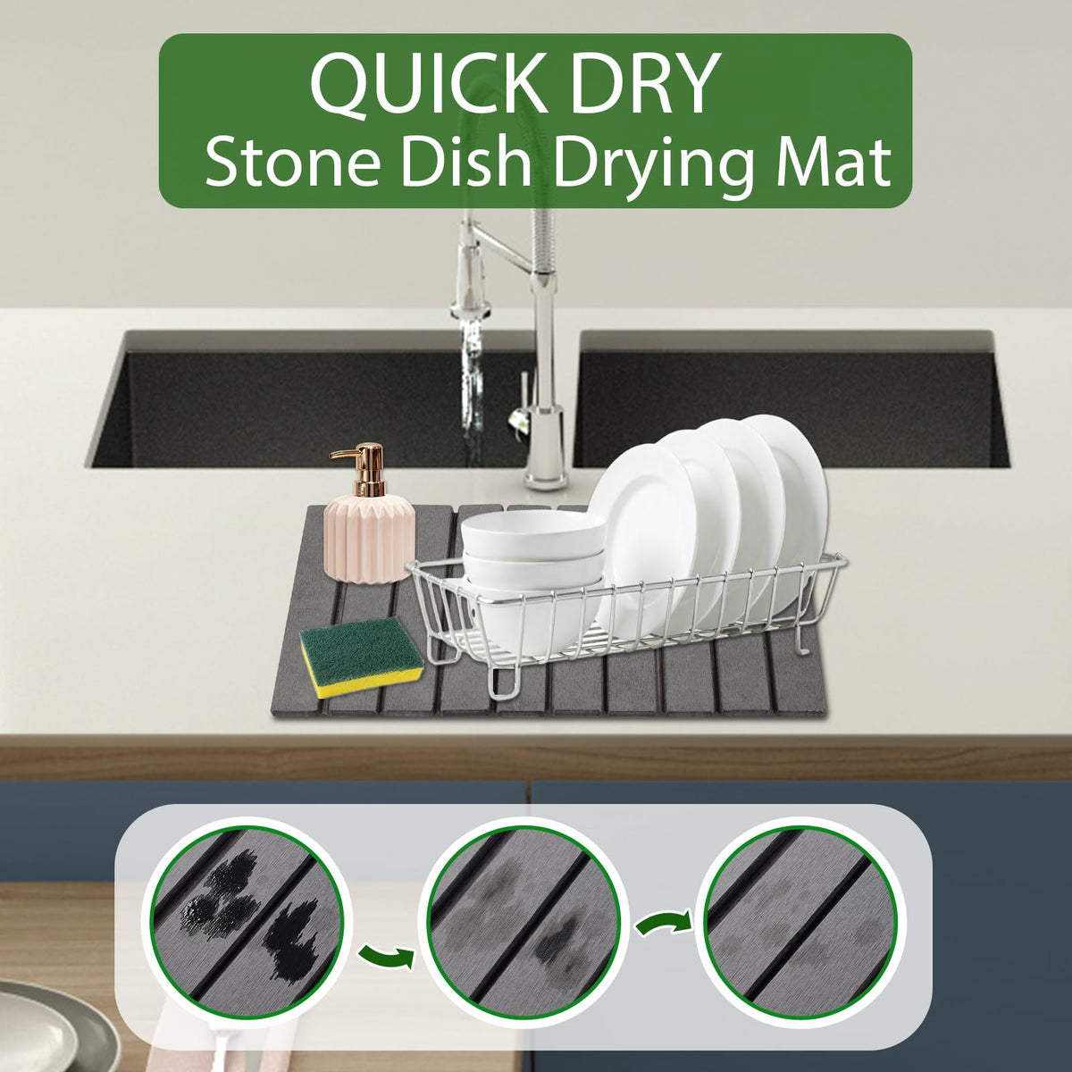 Oxydrily stone drying mat with non-slip texture stabilizing glassware