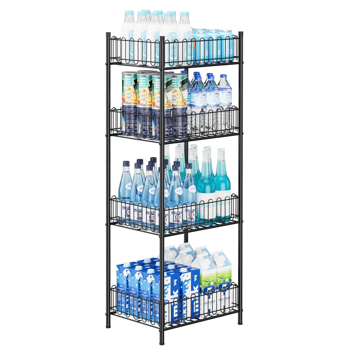 OYEAL 4-tier organizer open view for easy can and bottle access.