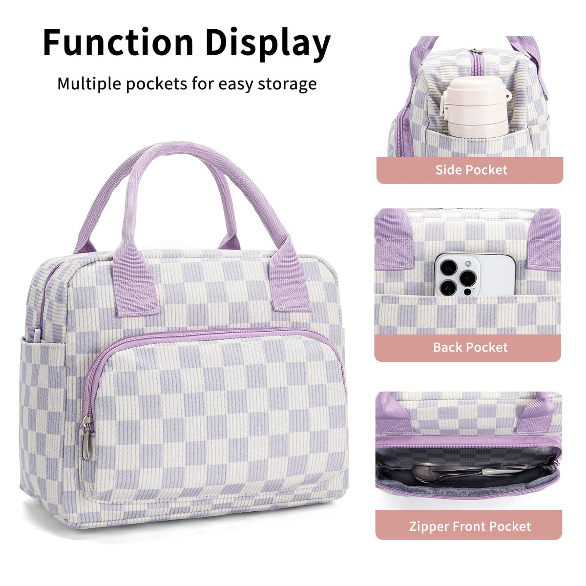Front zipper pocket stores snacks or utensils for quick access.