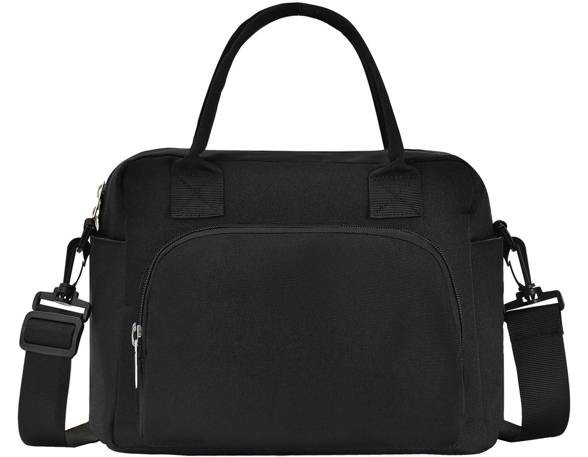 OYLOLA lunch bag front view highlights stylish black corduroy and roomy main compartment for meals.
