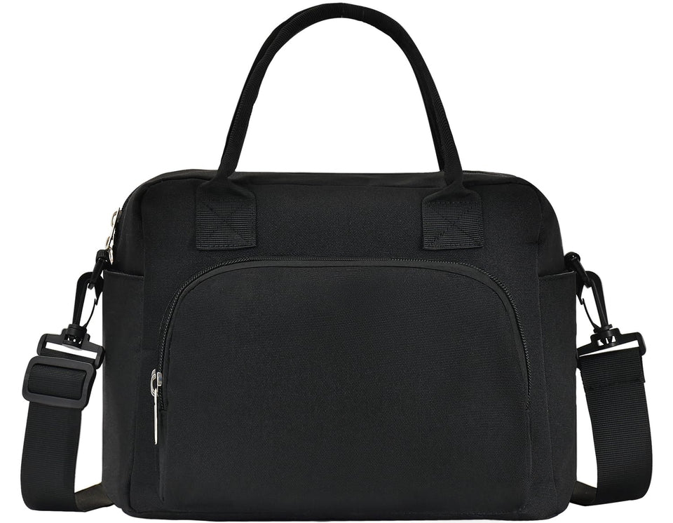 OYLOLA lunch bag front view highlights stylish black corduroy and roomy main compartment for meals.