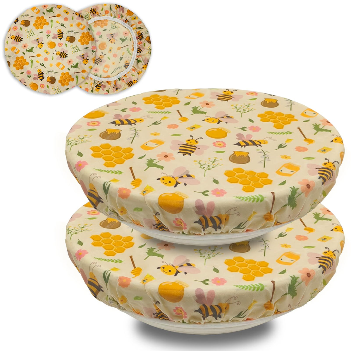 Oyrnd beeswax bowl cover stretched over a large bowl for bread proofing