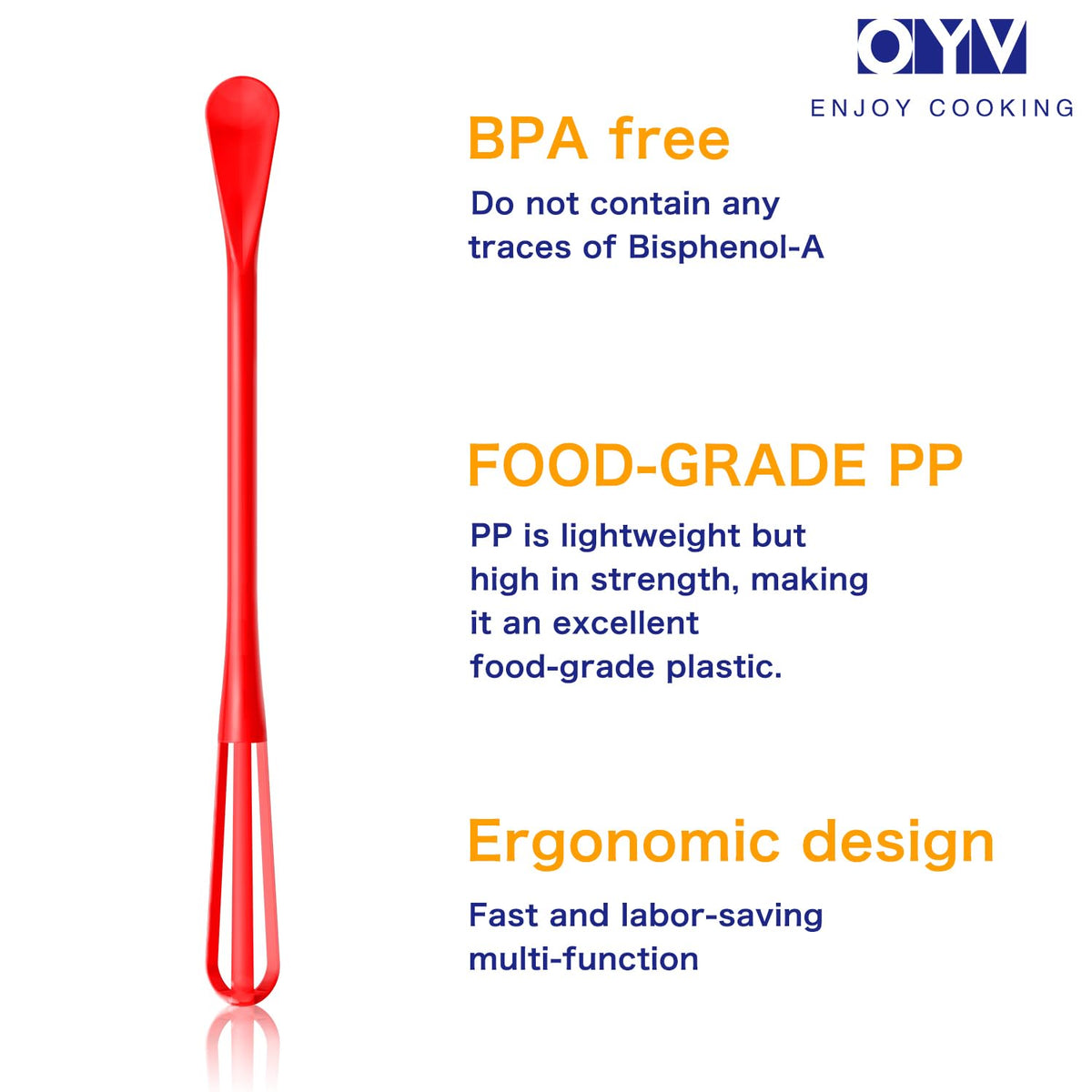 OYV mini whisk with ergonomic handle for effortless egg beating and stirring.