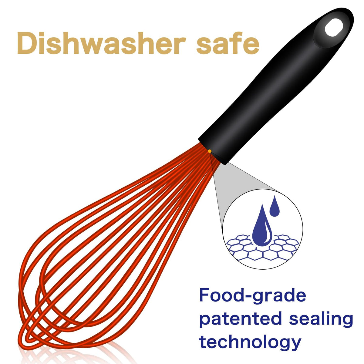 OYV red whisk showing sealed handle connection for easy cleaning