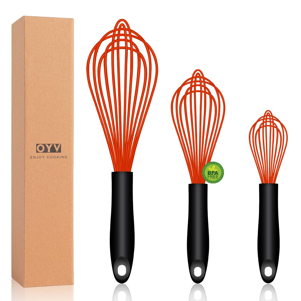 OYV red silicone whisk three-pack for versatile cooking tasks