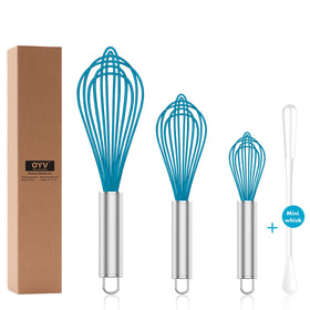 OYV silicone whisk blue set with sealed handle protects cookware during stirring