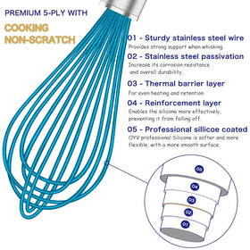 Blue OYV whisk demonstrates heat resistance for stovetop cooking
