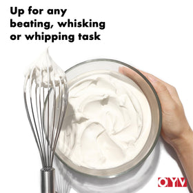 OYV whisk with ergonomic handle provides comfortable, controlled whisking.