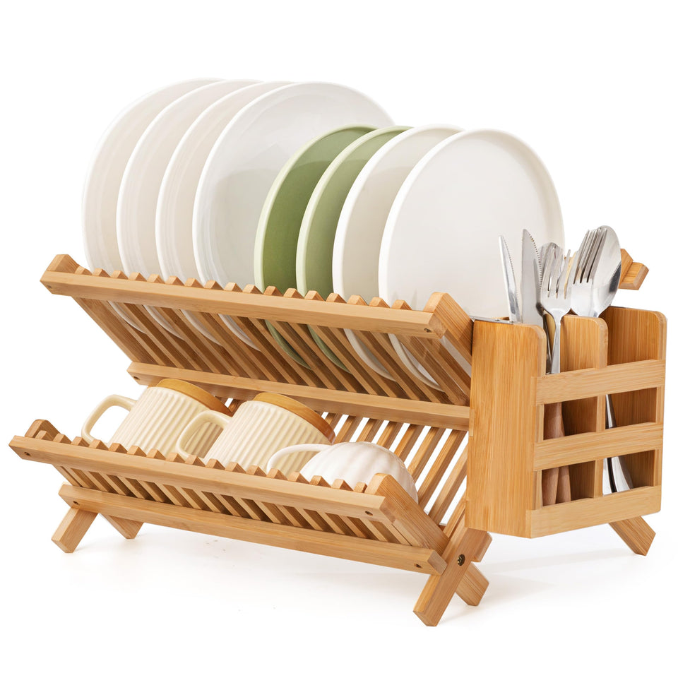 Oyydecor bamboo dish-drying rack 2-tier keeps countertops organized and dry.