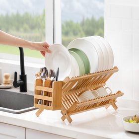 Oyydecor bamboo dish-drying rack folded compact storage solution.