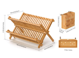 Oyydecor bamboo dish-drying rack top tier holds plates for efficient drying.