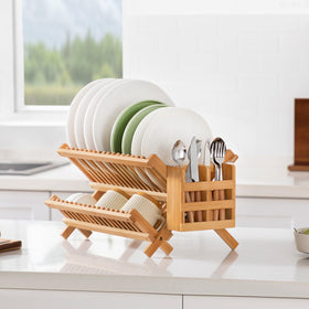 Oyydecor bamboo dish-drying rack vented compartments for quick utensil drying.