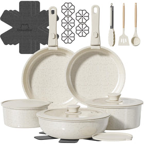 OzawaBear 23-Pcs pots and pans on stove with ceramic nonstick for easy release.