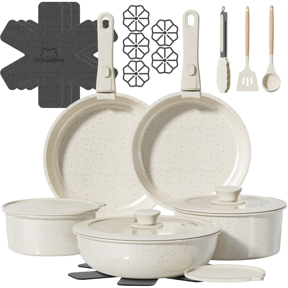 OzawaBear 23-Pcs pots and pans on stove with ceramic nonstick for easy release.