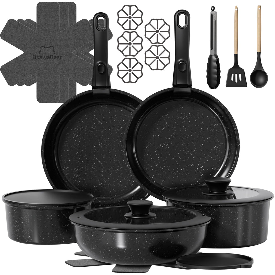 OzawaBear 23-piece pots and pans set overview for compact kitchens