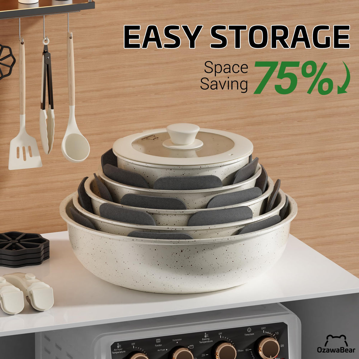 OzawaBear ceramic nonstick coating interior and exterior highlighted for easy release.
