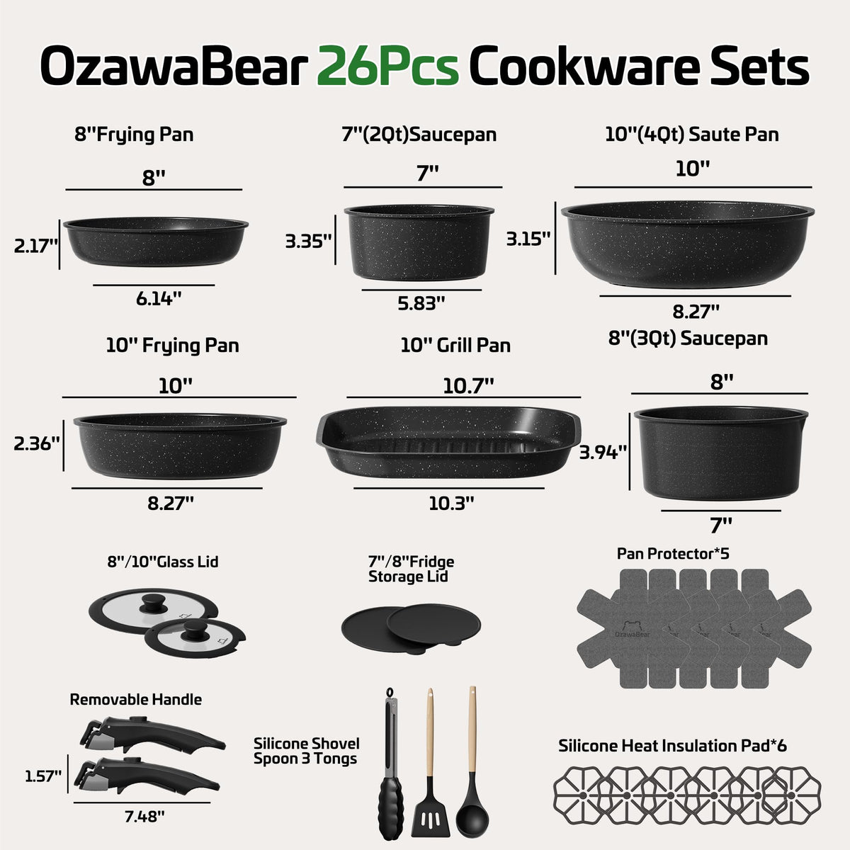 OzawaBear ceramic nonstick coating enables effortless food release and quick cleanup.
