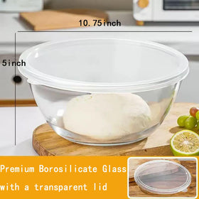 OZY 4-9 quart glass mixing bowl with lid, ideal for mixing and chilling dough.