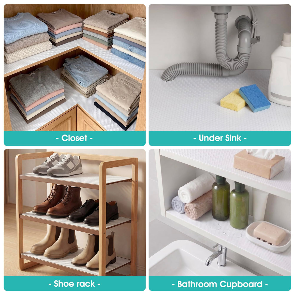 PaBUSIOr applied cabinet liner in pantry keeps utensils secure.