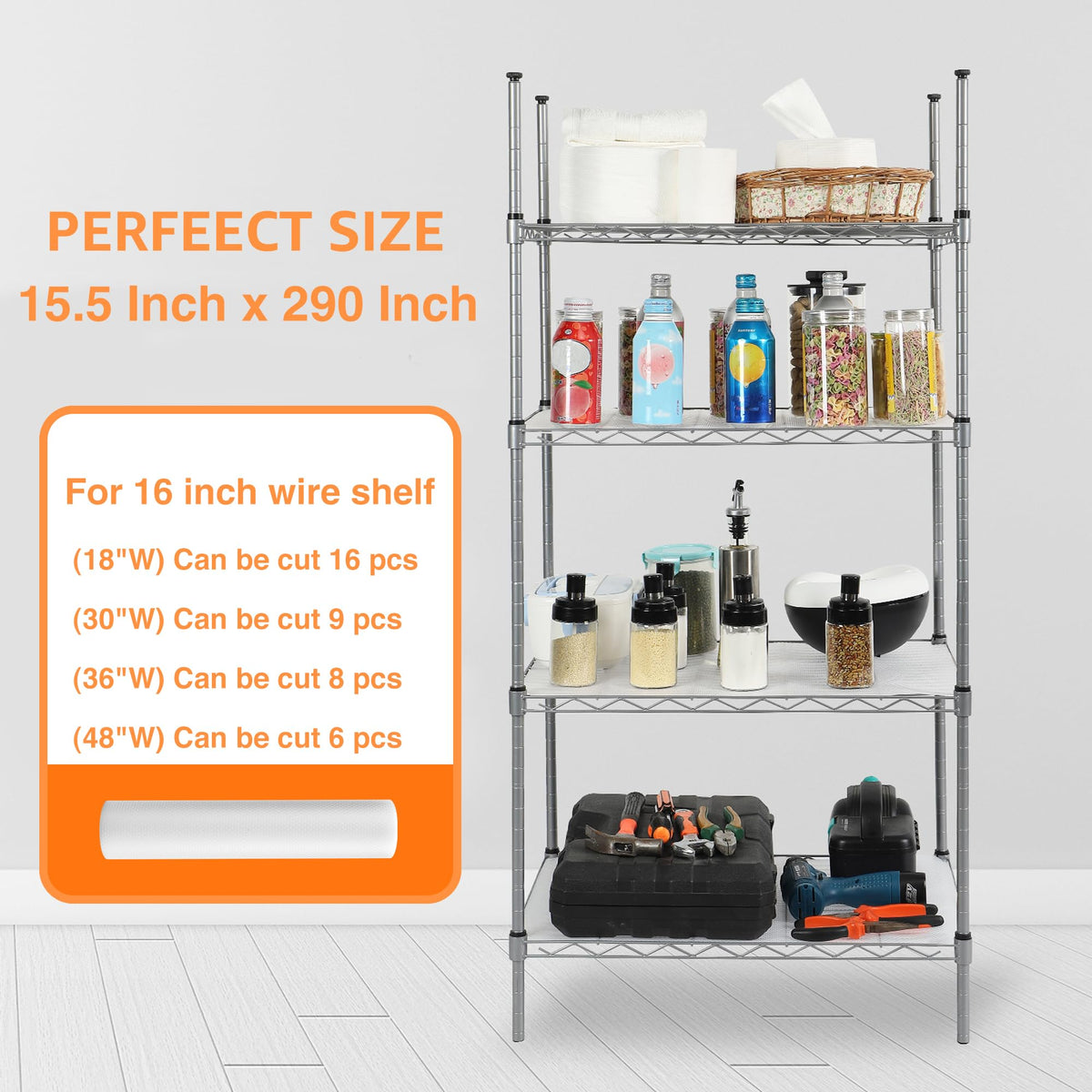 PaBUSIOR shelf liner for kitchens and pantries keeps surfaces clean.