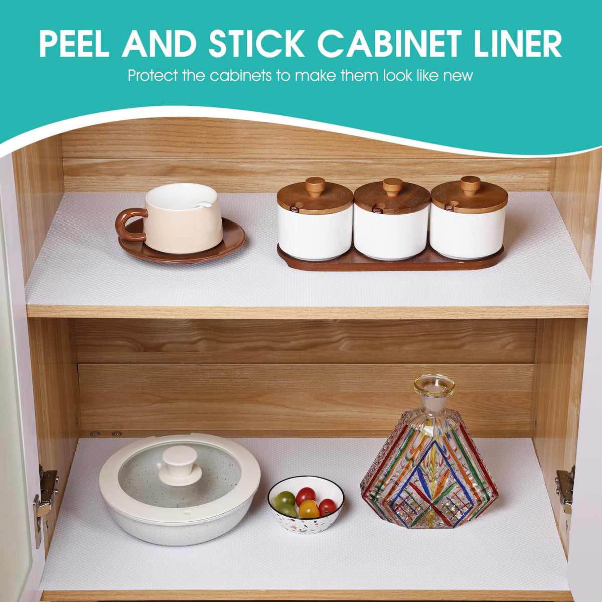 PaBUSIOr pantry liner on shelves provides non-slip organization.