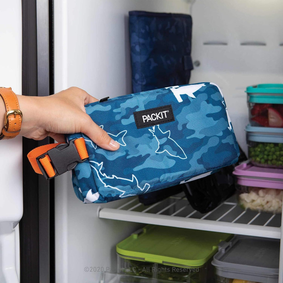 PackIt Box Snack Freezable Camo Sharks shows space for dairy and fruits.