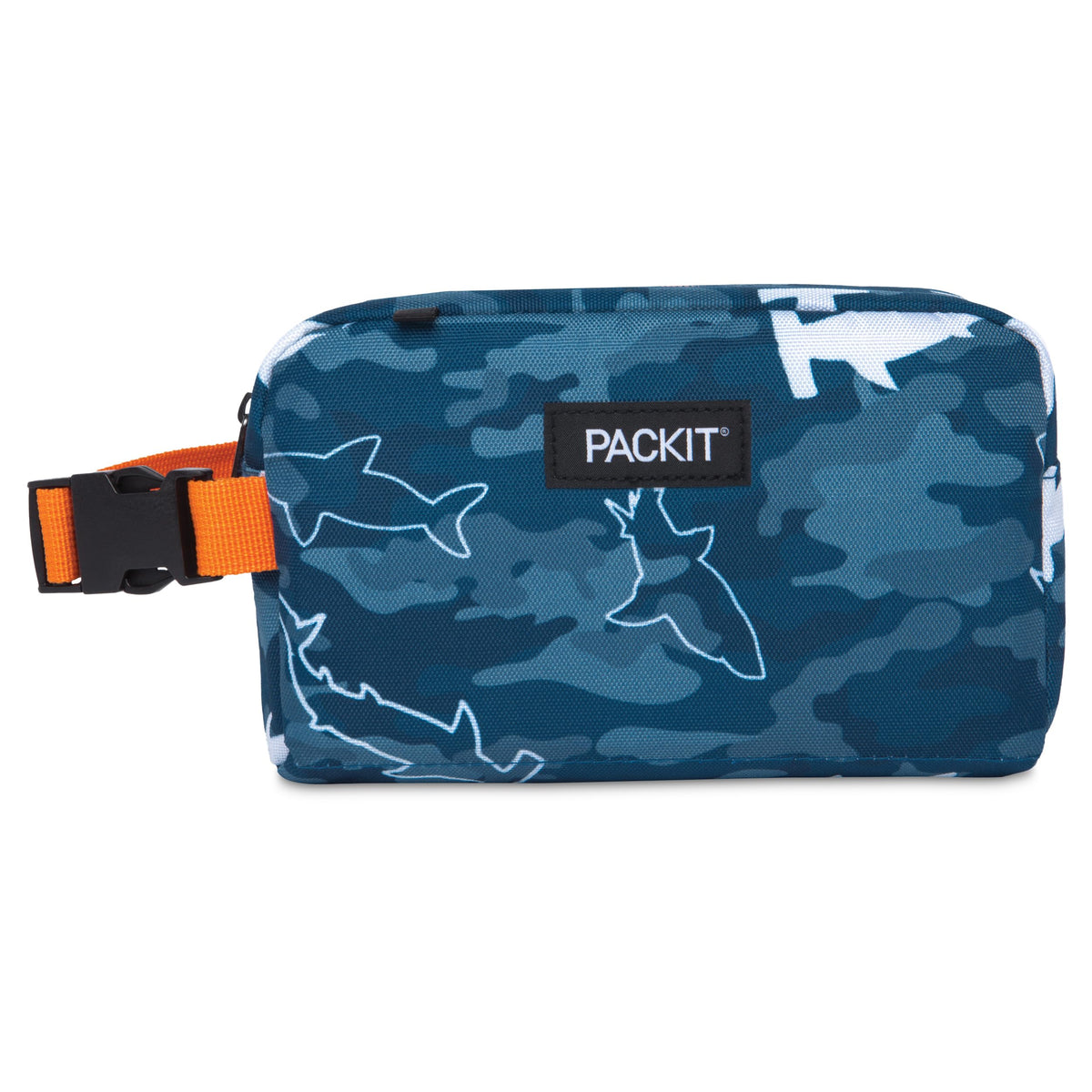 PackIt Box Snack Freezable Camo Sharks open with built-in cooling walls for hours.
