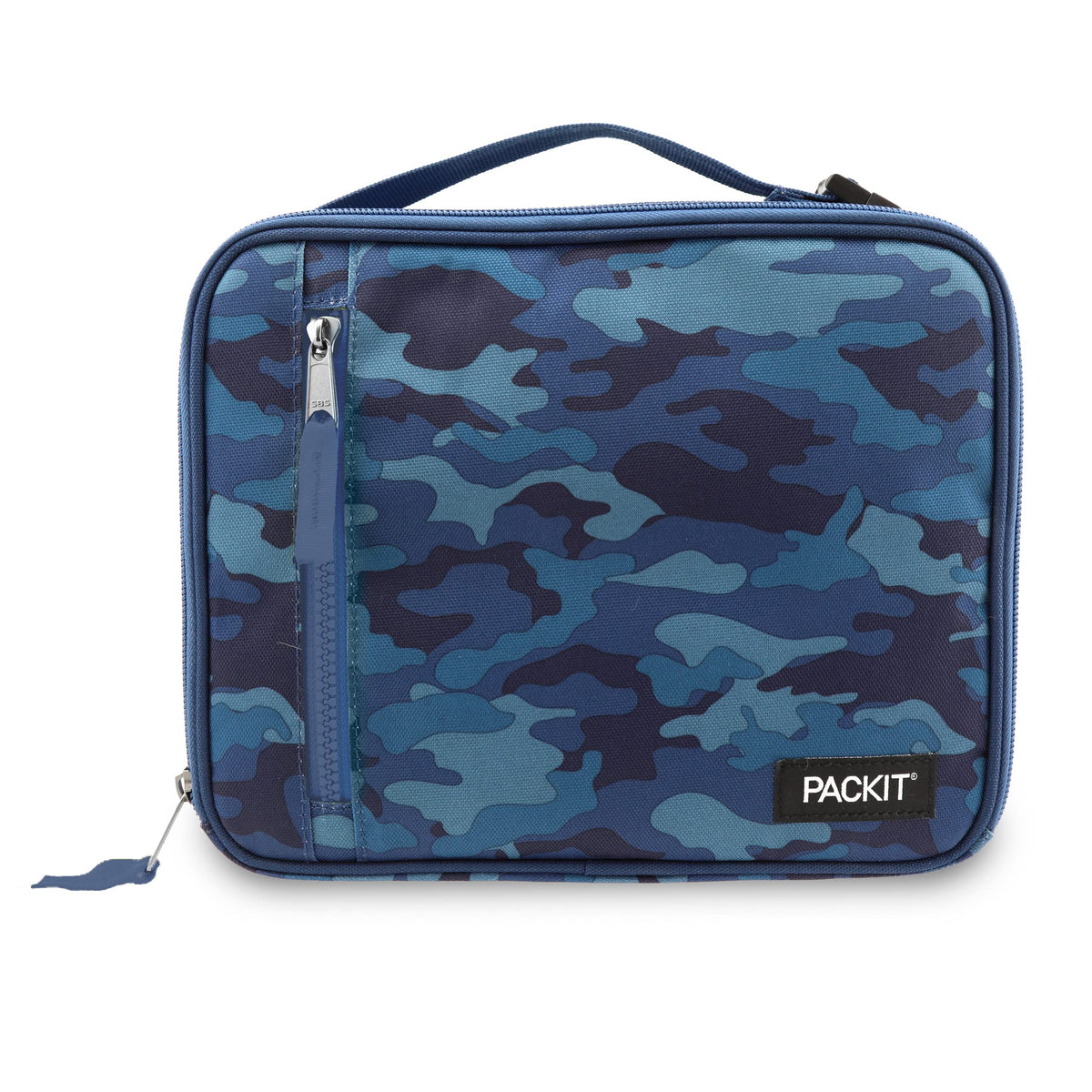 PackIt Classic Blue Camo lunchbox front view, a durable cooling solution for meals on the go.