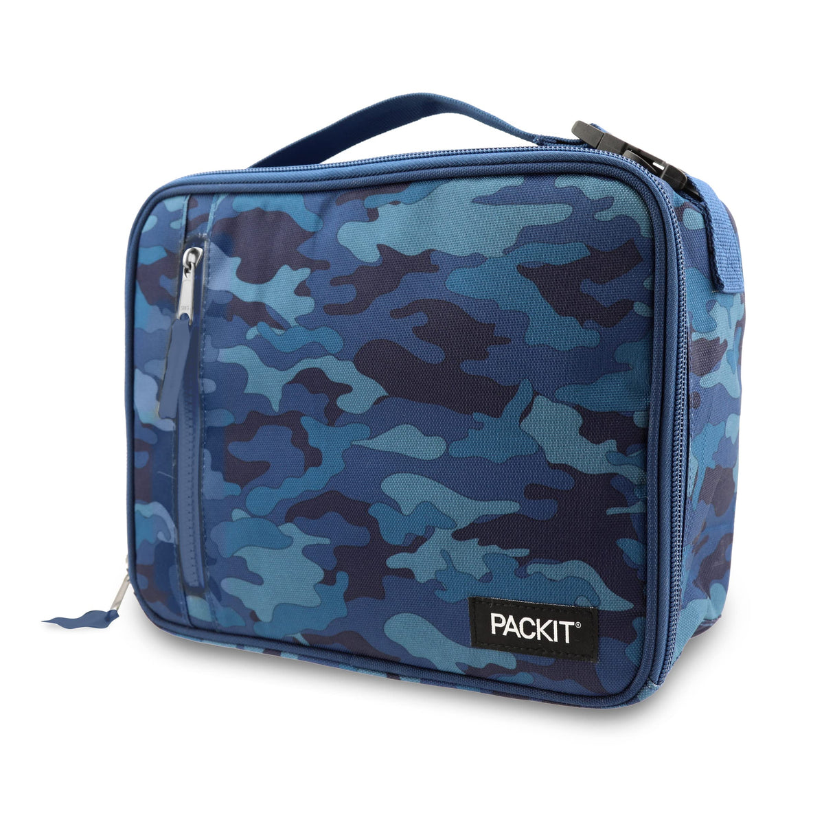 PackIt Classic Blue Camo lunchbox lid open, showcasing built-in cooling walls for fresh foods.