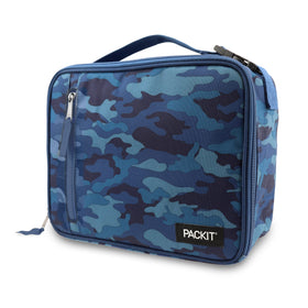 PackIt Classic Blue Camo lunchbox lid open, showcasing built-in cooling walls for fresh foods.