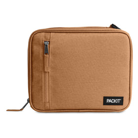 PackIt Freezable Classic Lunch Box Almond, open to show roomy insulated interior that keeps meals fresh.