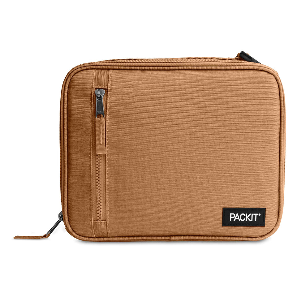 PackIt Freezable Classic Lunch Box Almond, open to show roomy insulated interior that keeps meals fresh.