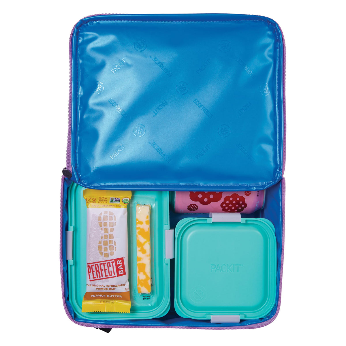 PackIt Freezable Classic Lunch Box Lavender zip front pocket for quick access.