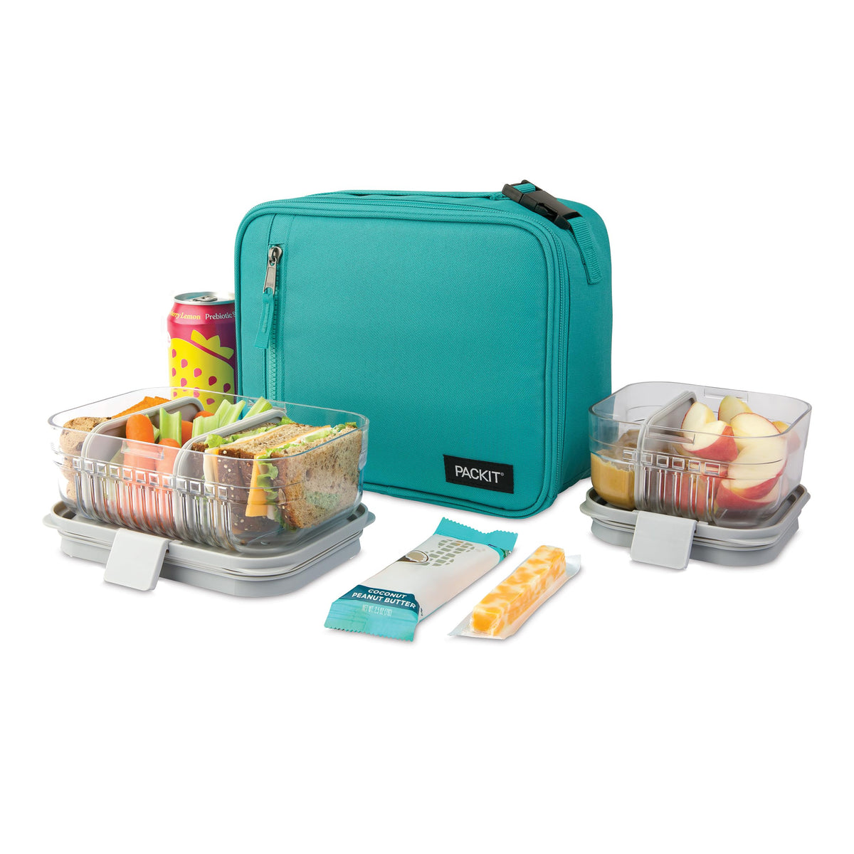PackIt Freezable Classic Lunch Box Teal buckle handle enables clip-on convenience