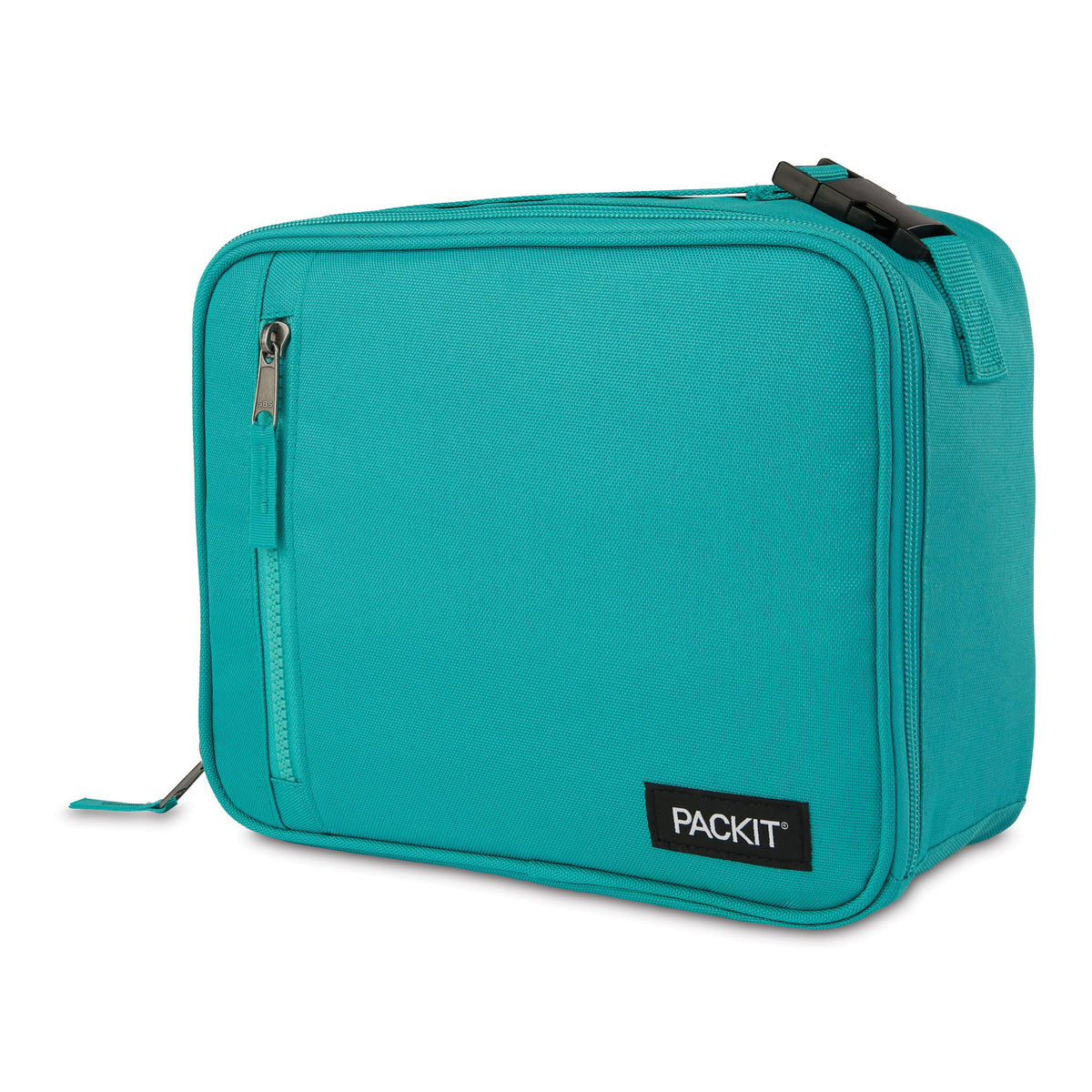 PackIt Freezable Classic Lunch Box Teal being used on-the-go for lunch