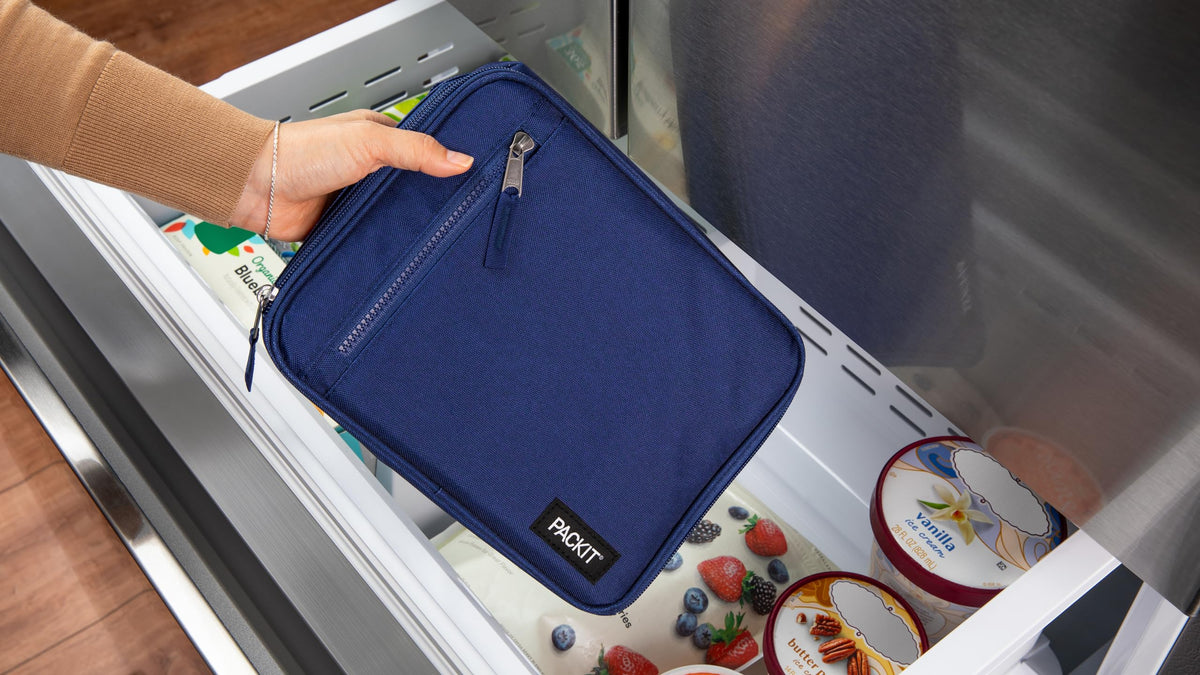 PackIt Freezable Classic Lunch Box collapsed form saves space during travel